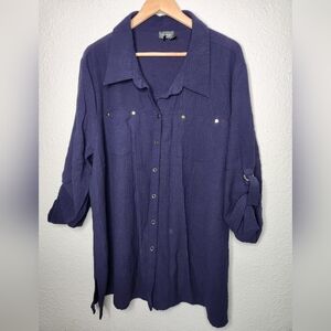 Analogy Navy Button-down Blouse Adjustable Sleeve Women Size 3X
